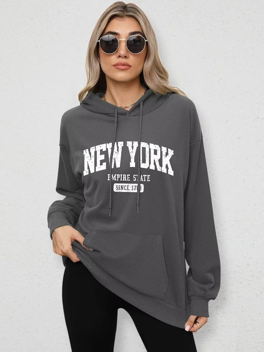 ORANDESIGNE Letter Graphic Print Hoodies for Women Oversized Long Sleeve Casual Drawstring Fall Pullover Sweatshirt Tops