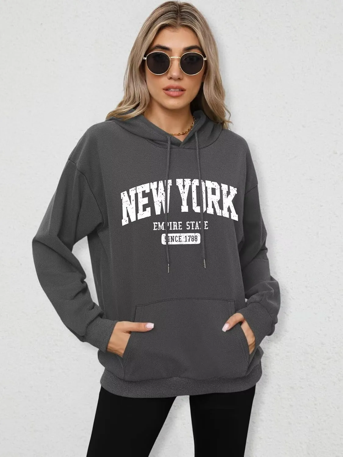 ORANDESIGNE Letter Graphic Print Hoodies for Women Oversized Long Sleeve Casual Drawstring Fall Pullover Sweatshirt Tops