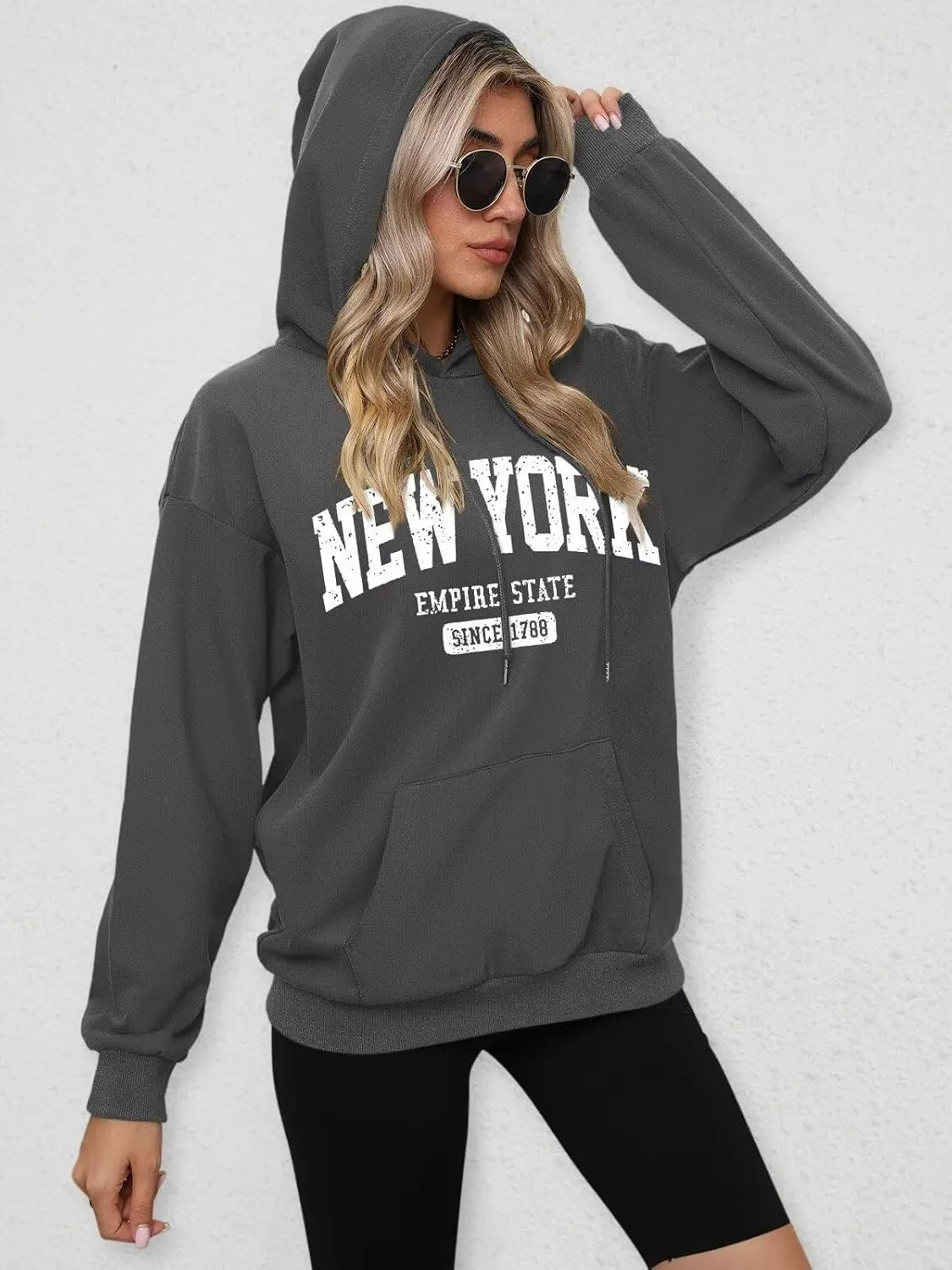 ORANDESIGNE Letter Graphic Print Hoodies for Women Oversized Long Sleeve Casual Drawstring Fall Pullover Sweatshirt Tops