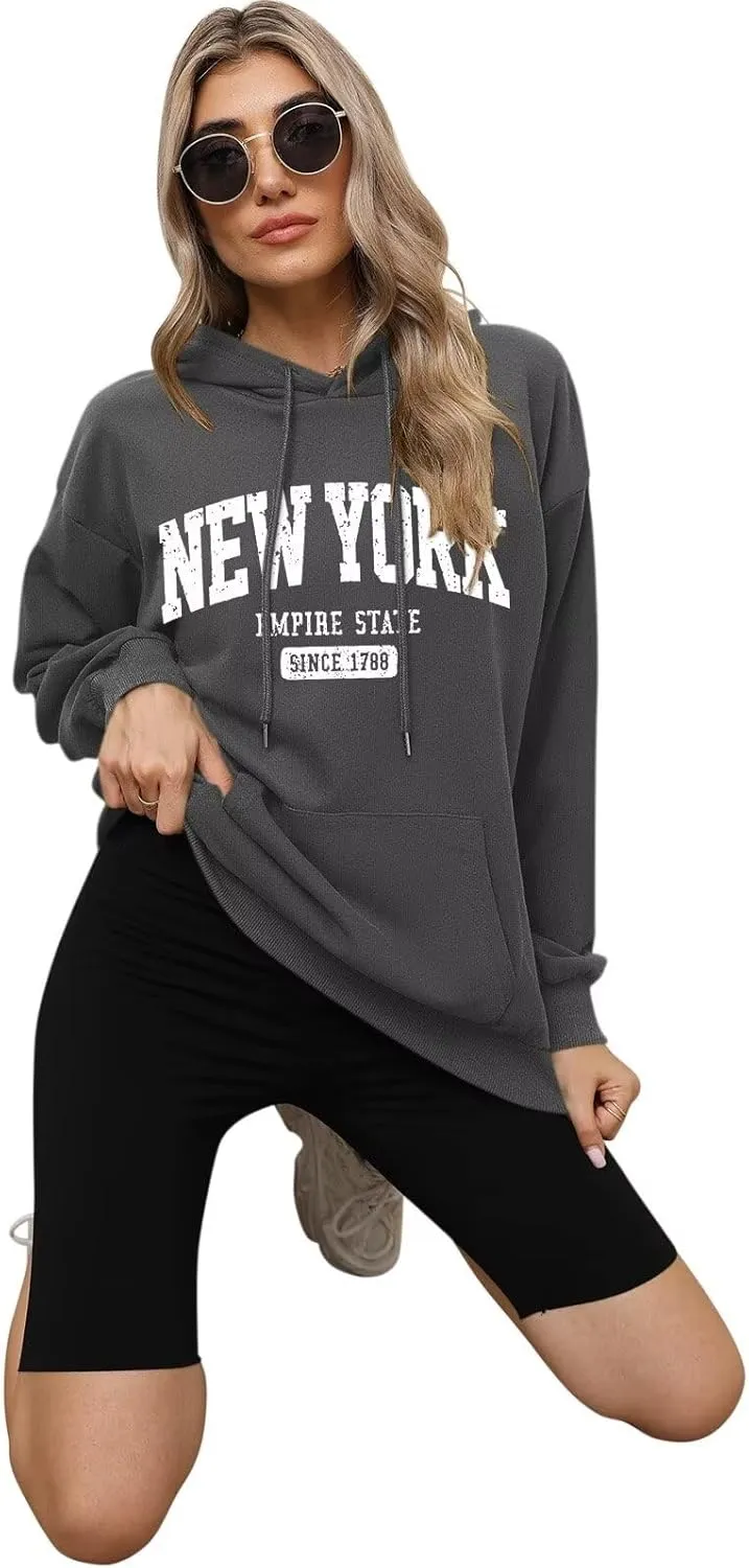 ORANDESIGNE Letter Graphic Print Hoodies for Women Oversized Long Sleeve Casual Drawstring Fall Pullover Sweatshirt Tops