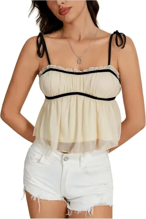 OYOANGLE Women's Tie Shoulder Ruffle Flowy Cami Tops Spaghetti Strap Frill Trim Y2K Crop Top Summer Camisole