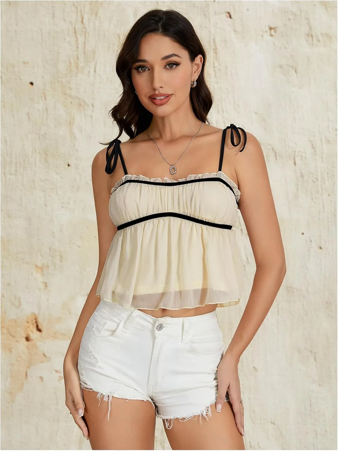 OYOANGLE Women's Tie Shoulder Ruffle Flowy Cami Tops Spaghetti Strap Frill Trim Y2K Crop Top Summer Camisole