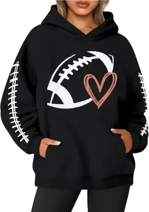 PETYCZEN Hoodies for Women Funny Football Graphic Oversized Sweatshirt Long Sleeve Game Day Rugby Drawstring Pullover Tops