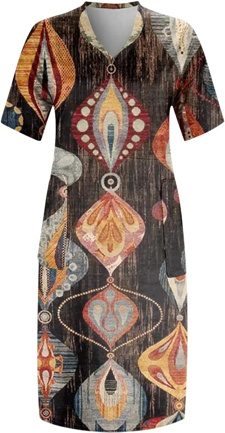 Plus Size Dresses for Curvy Women,2024 Summer Casual V Neck Short Sleeve T Shirt Dress with Pockets Daily Midi Dress