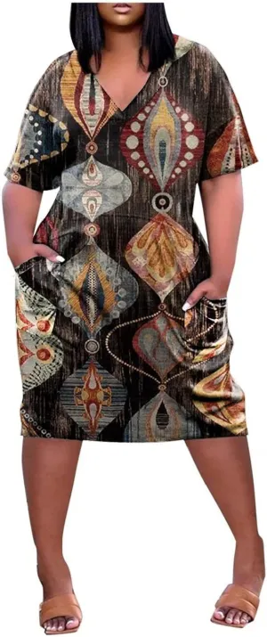 Plus Size Dresses for Curvy Women,2024 Summer Casual V Neck Short Sleeve T Shirt Dress with Pockets Daily Midi Dress
