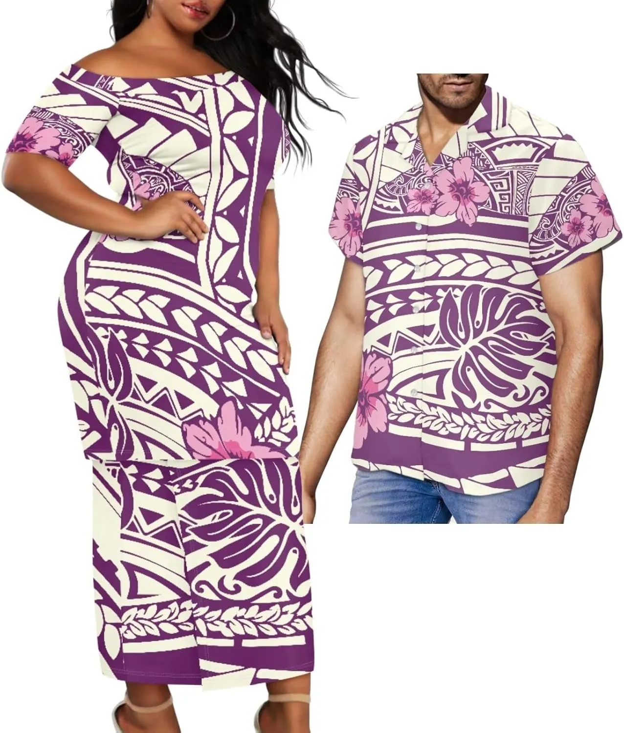 Polynesian Couple Set Tirbal Tattoo Tapa Hawaii Shirt Puletasi Samoa Dresses for Women Matching Outfits Couples