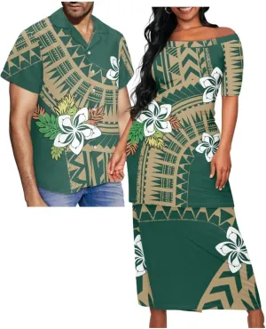 Polynesian Couple Set Tirbal Tattoo Tapa Hawaii Shirt Puletasi Samoa Dresses for Women Matching Outfits Couples