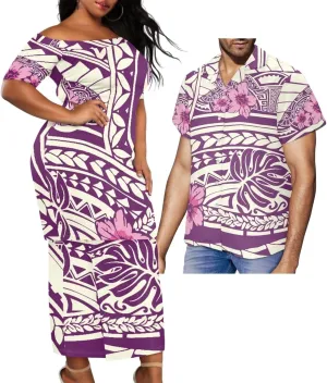 Polynesian Couple Set Tirbal Tattoo Tapa Hawaii Shirt Puletasi Samoa Dresses for Women Matching Outfits Couples
