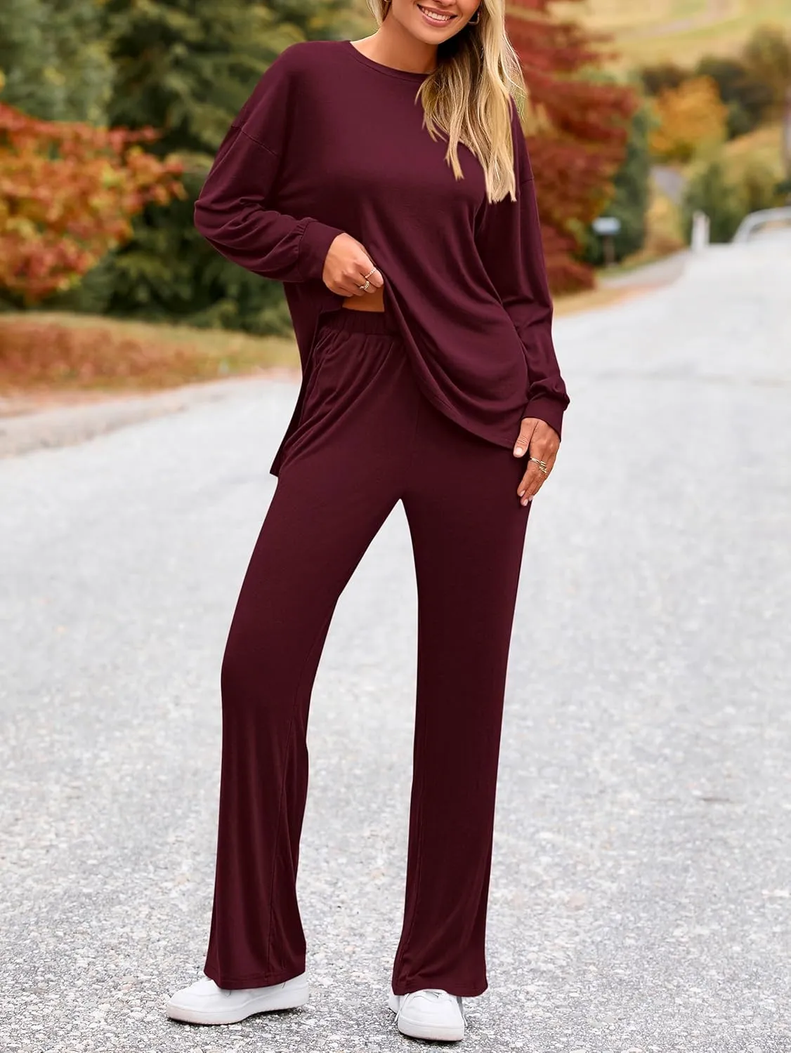 PRETTYGARDEN Womens 2 Piece Outfits Crewneck Long Sleeve Tops Wide Leg Long Pants Casual Lounge Set Tracksuit