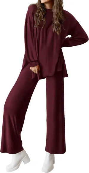 PRETTYGARDEN Womens 2 Piece Outfits Crewneck Long Sleeve Tops Wide Leg Long Pants Casual Lounge Set Tracksuit