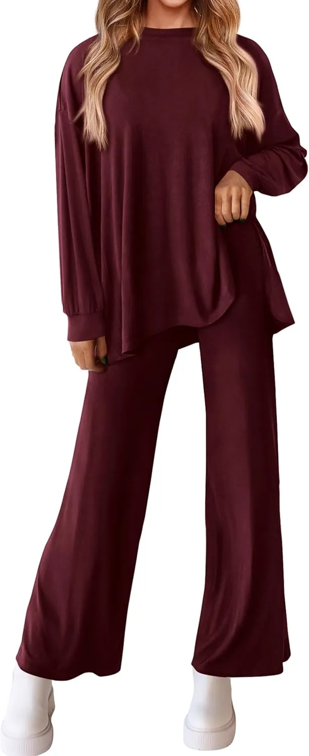 PRETTYGARDEN Womens 2 Piece Outfits Crewneck Long Sleeve Tops Wide Leg Long Pants Casual Lounge Set Tracksuit