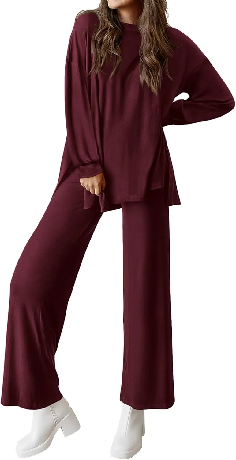 PRETTYGARDEN Womens 2 Piece Outfits Crewneck Long Sleeve Tops Wide Leg Long Pants Casual Lounge Set Tracksuit