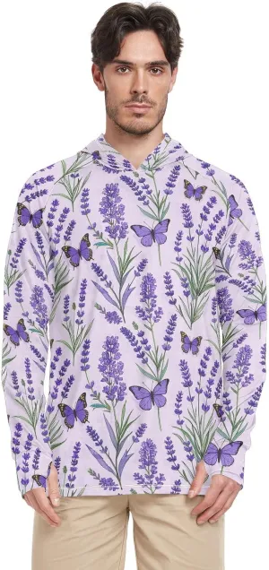 Purple Lavender with Butterflies Sun Shirt Hoodie for Men Long Sleeve UPF 50 Mens Sun Shirt Quick-Dry Rashguard for Men Sun Hoodies Camisas para Trabajo