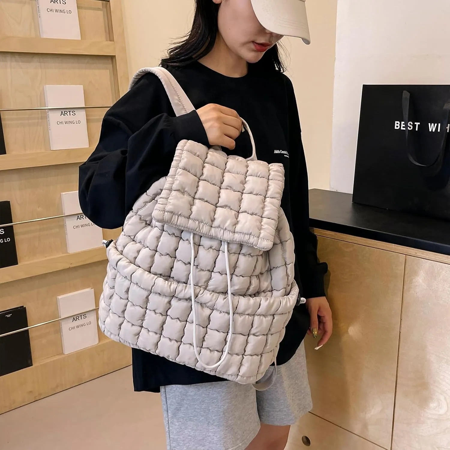 Quilted Puffer Backpack for Women (Khaki)