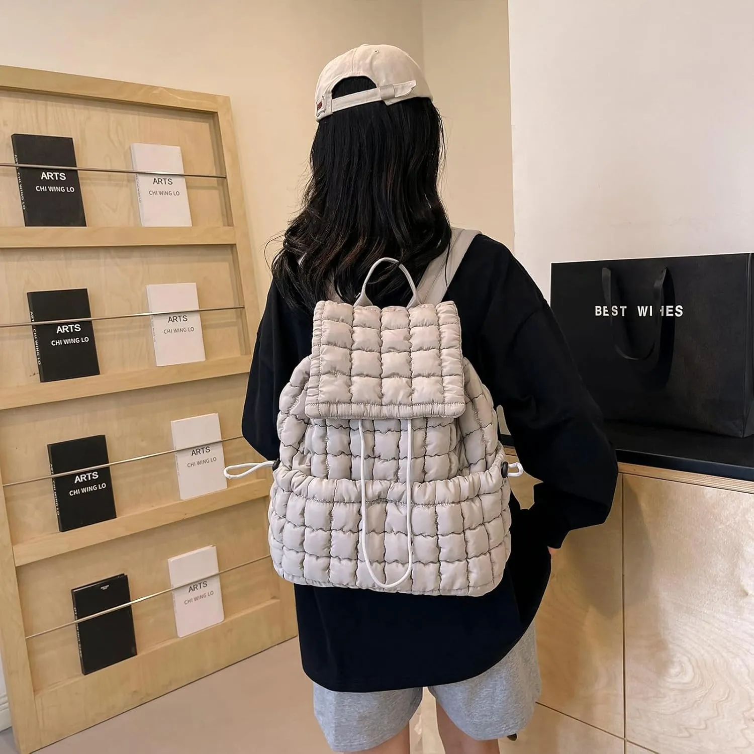 Quilted Puffer Backpack for Women (Khaki)