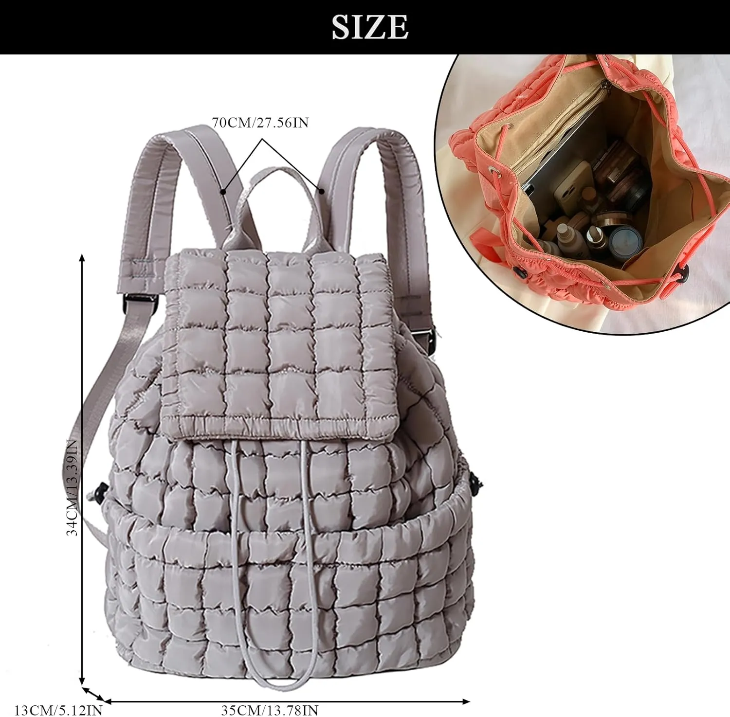 Quilted Puffer Backpack for Women (Khaki)