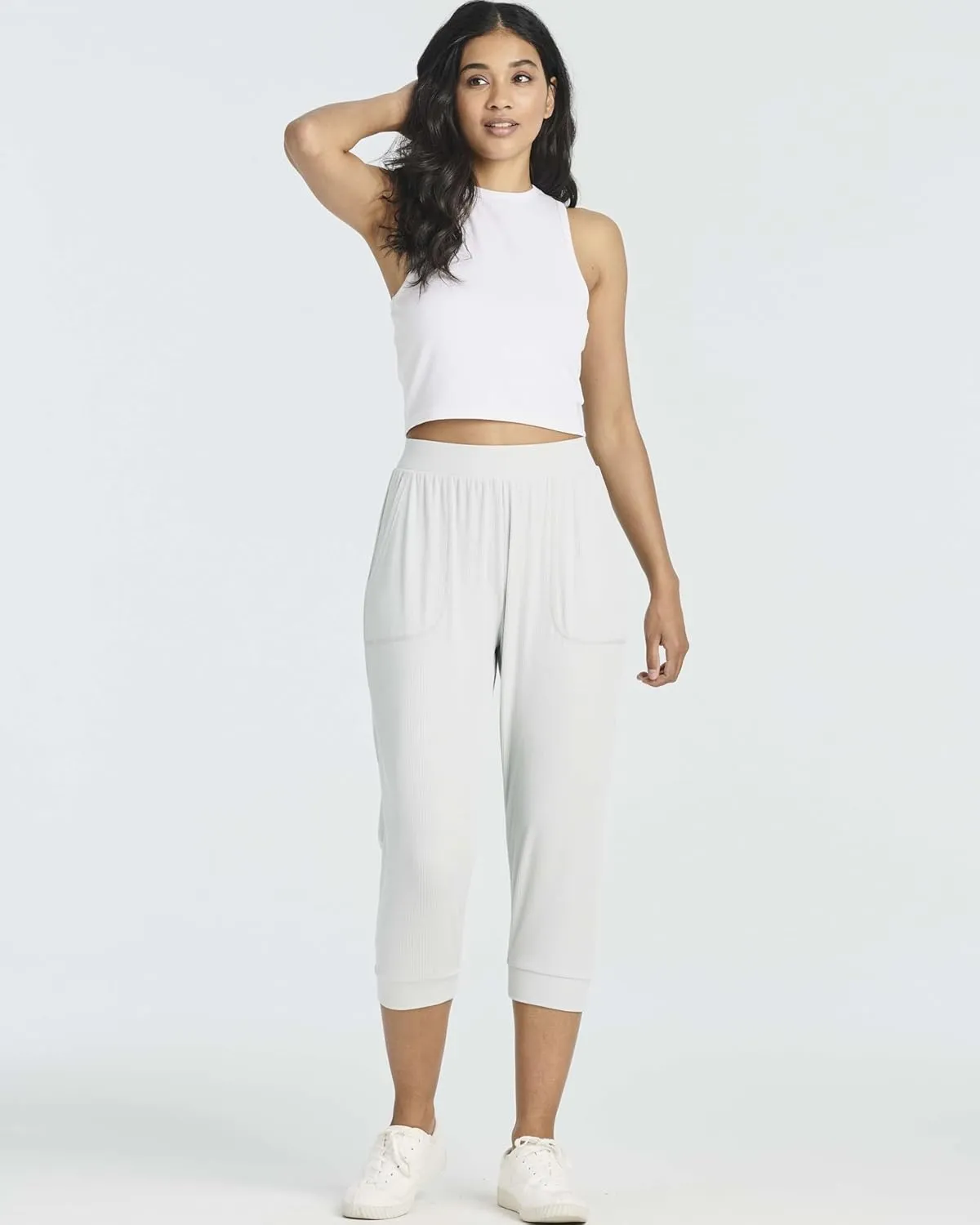 Real Essentials 3 Pack: Women's Ribbed Capri Jogger Lounge Sweatpants with Pockets Yoga Workout (Available in Plus Size)