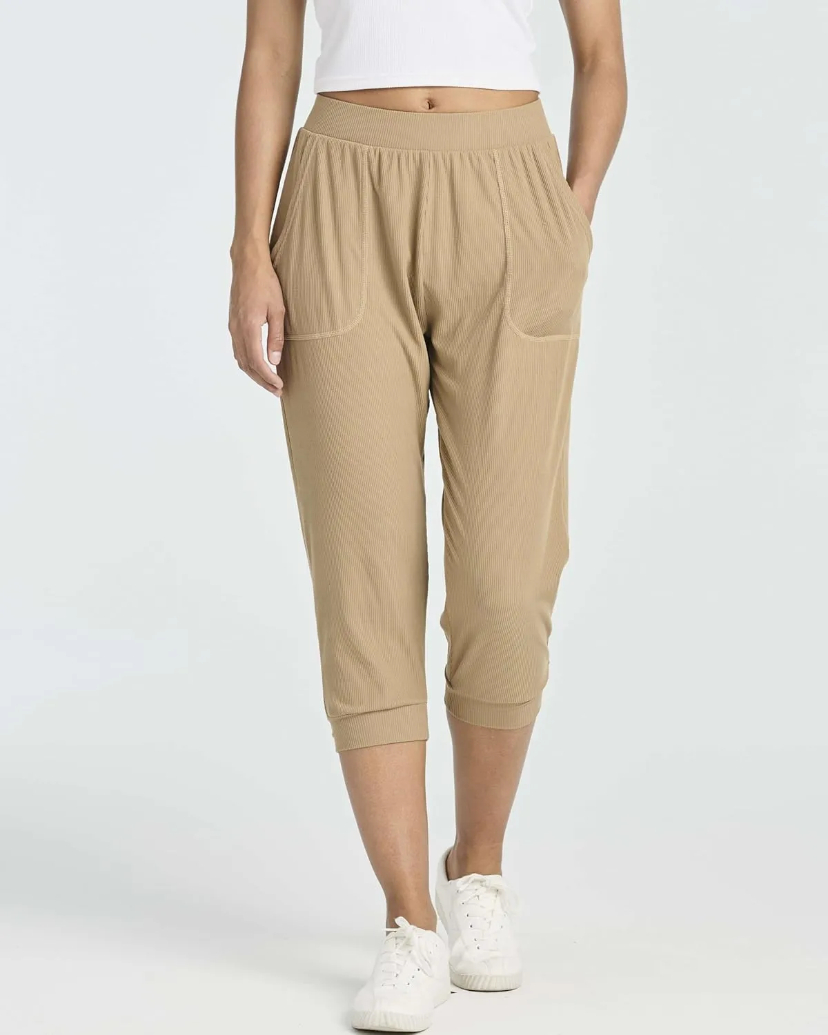 Real Essentials 3 Pack: Women's Ribbed Capri Jogger Lounge Sweatpants with Pockets Yoga Workout (Available in Plus Size)