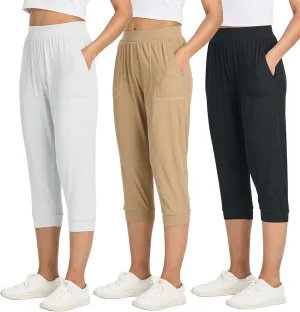 Real Essentials 3 Pack: Women's Ribbed Capri Jogger Lounge Sweatpants with Pockets Yoga Workout (Available in Plus Size)