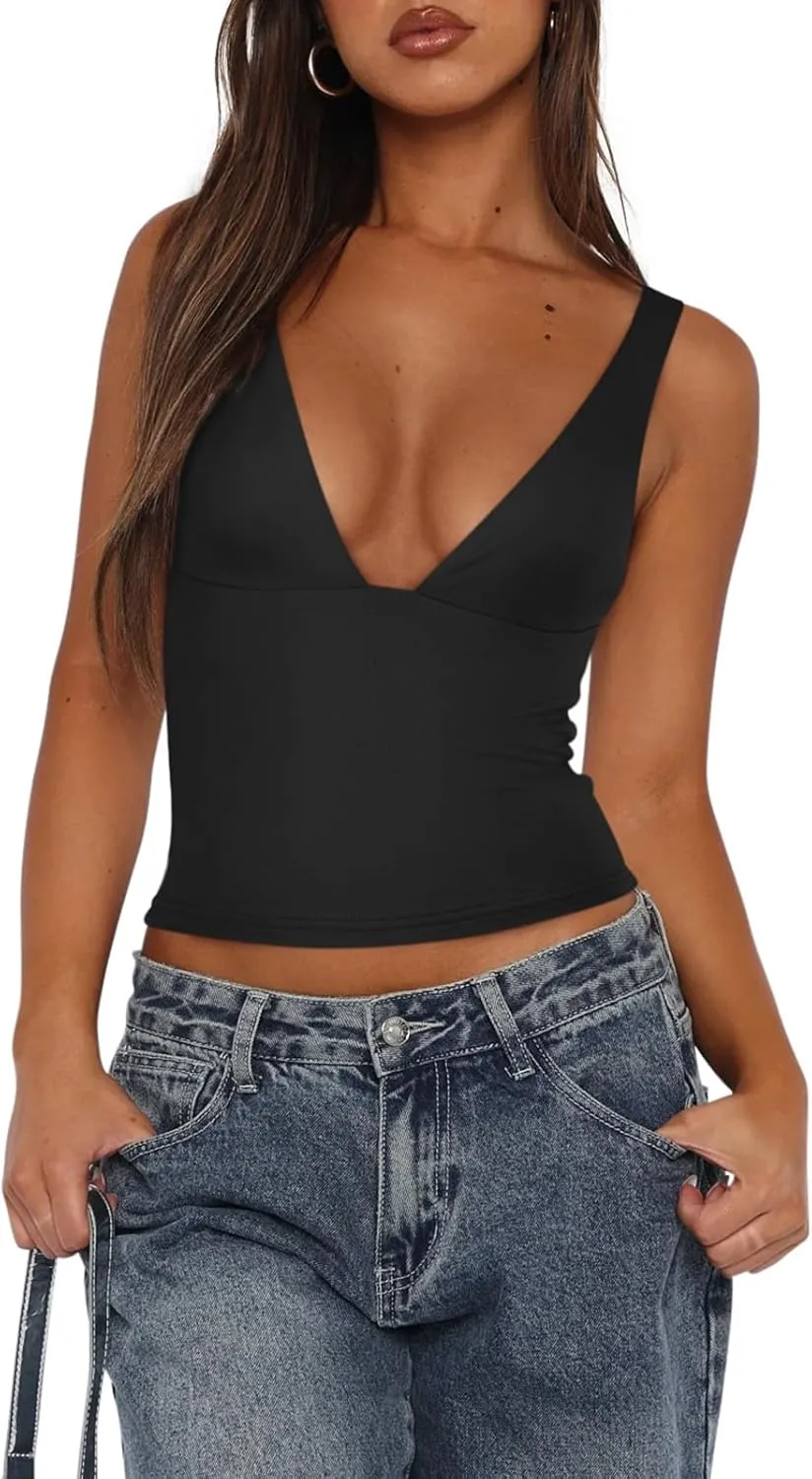 REORIA Women's Sexy Plunge Deep V Neck Sleeveless V Backless Tank Top Workout Yoga Crop Tops