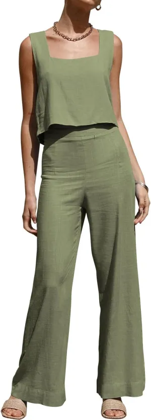 ROYLAMP Women's Summer 2 Piece Outfits Sleeveless Square Neck Tops Wide Leg Pants set Jumpsuit with Pockets