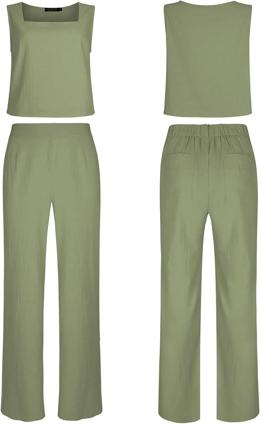 ROYLAMP Women's Summer 2 Piece Outfits Sleeveless Square Neck Tops Wide Leg Pants set Jumpsuit with Pockets