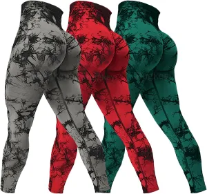 Rugkey Women's 3 Piece Yoga Leggings High Waist Tie Dye Seamless Scrunch Butt Lifting Athletic Booty Pants