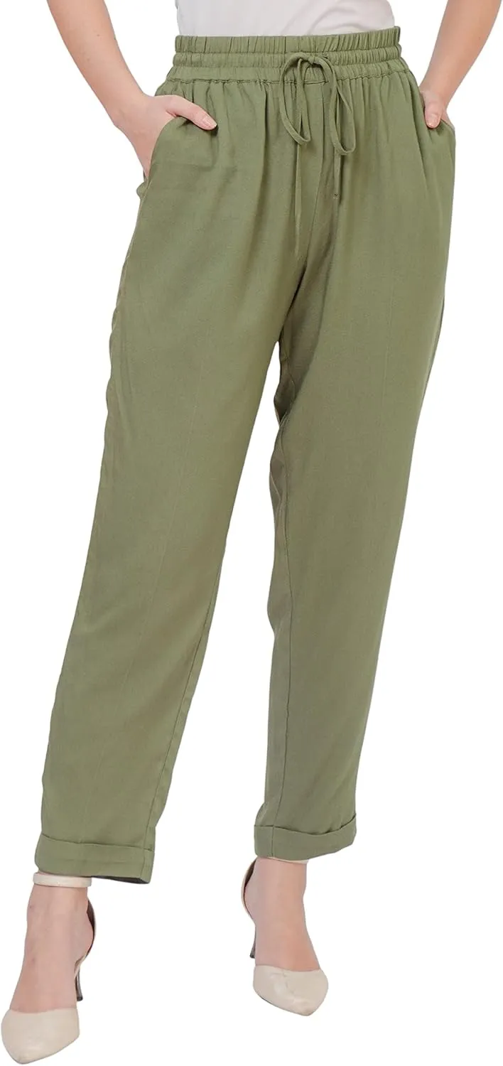 SANDY & SID Womens Pants Baggy Drawstring Pleated High Rise Slant Pockets Straight Leg Pants Work Office Business
