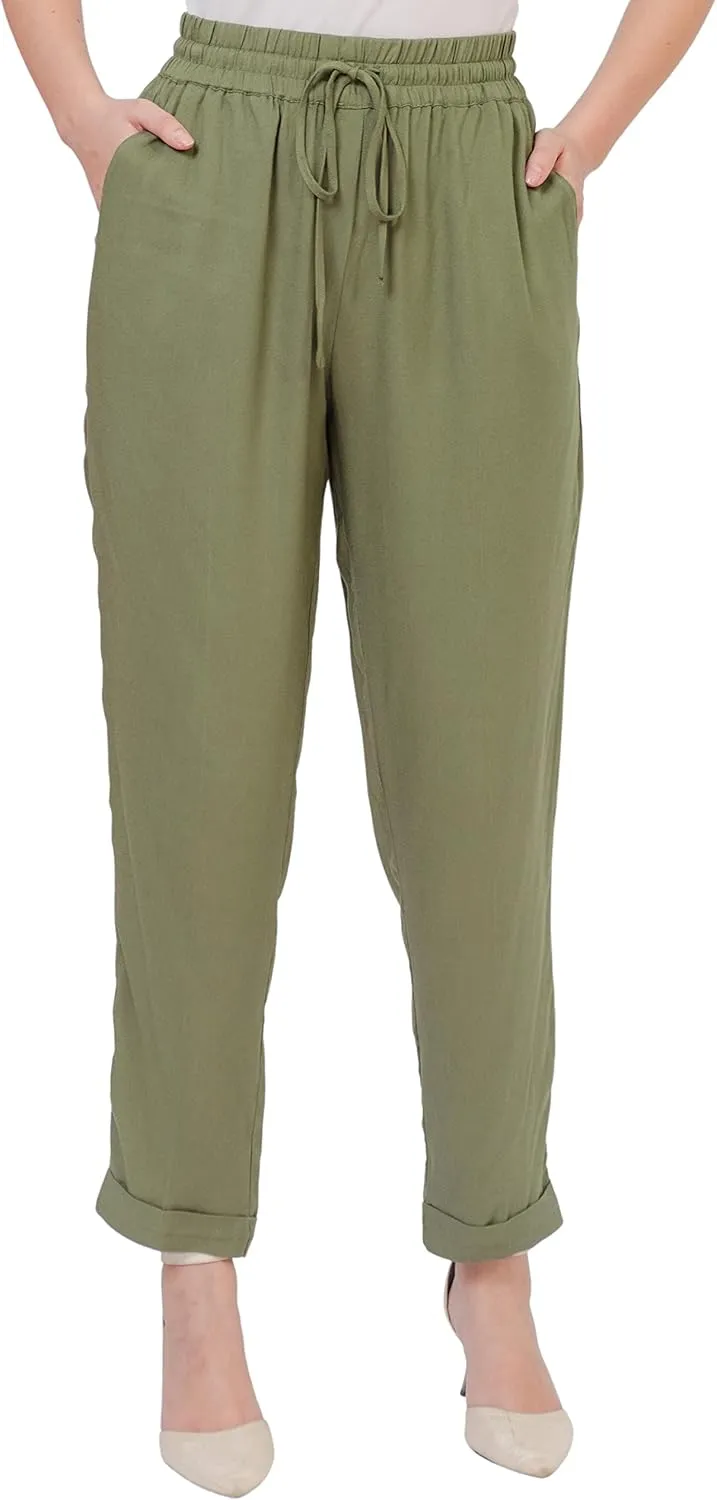 SANDY & SID Womens Pants Baggy Drawstring Pleated High Rise Slant Pockets Straight Leg Pants Work Office Business