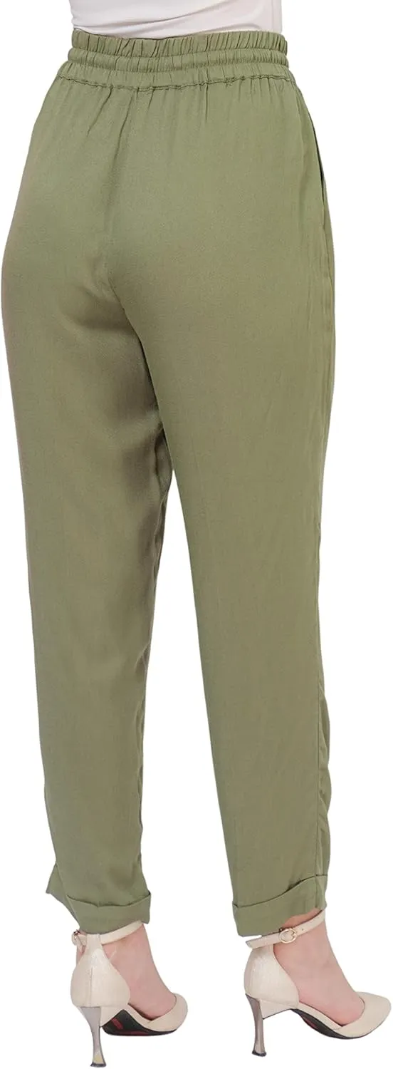 SANDY & SID Womens Pants Baggy Drawstring Pleated High Rise Slant Pockets Straight Leg Pants Work Office Business