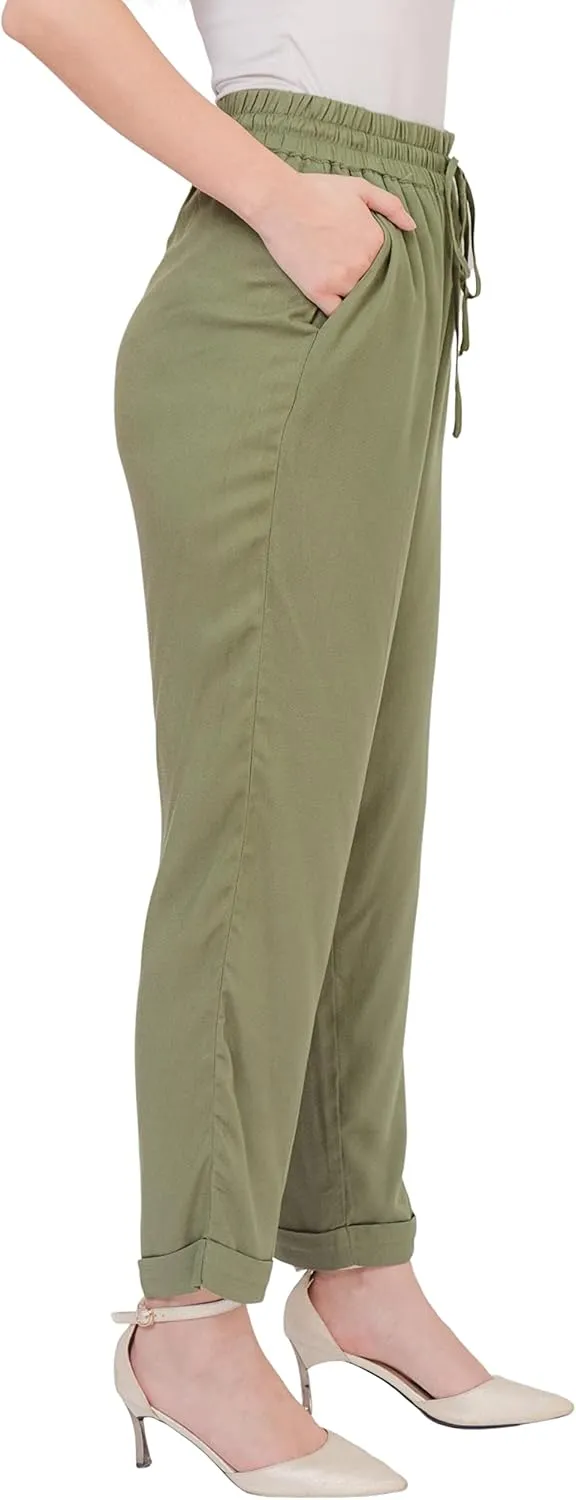 SANDY & SID Womens Pants Baggy Drawstring Pleated High Rise Slant Pockets Straight Leg Pants Work Office Business