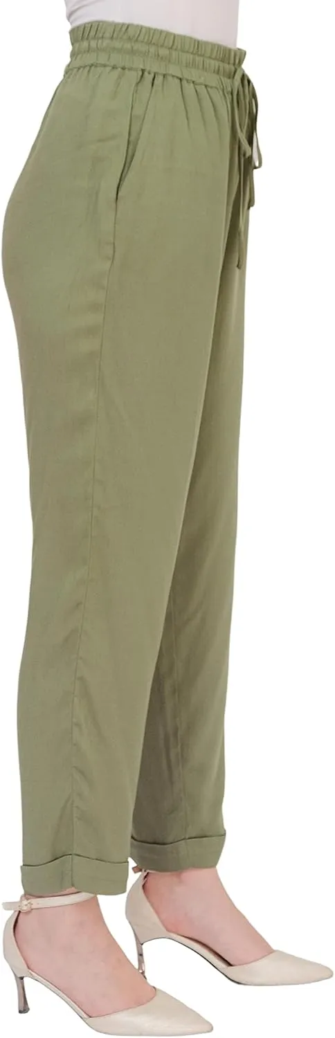 SANDY & SID Womens Pants Baggy Drawstring Pleated High Rise Slant Pockets Straight Leg Pants Work Office Business