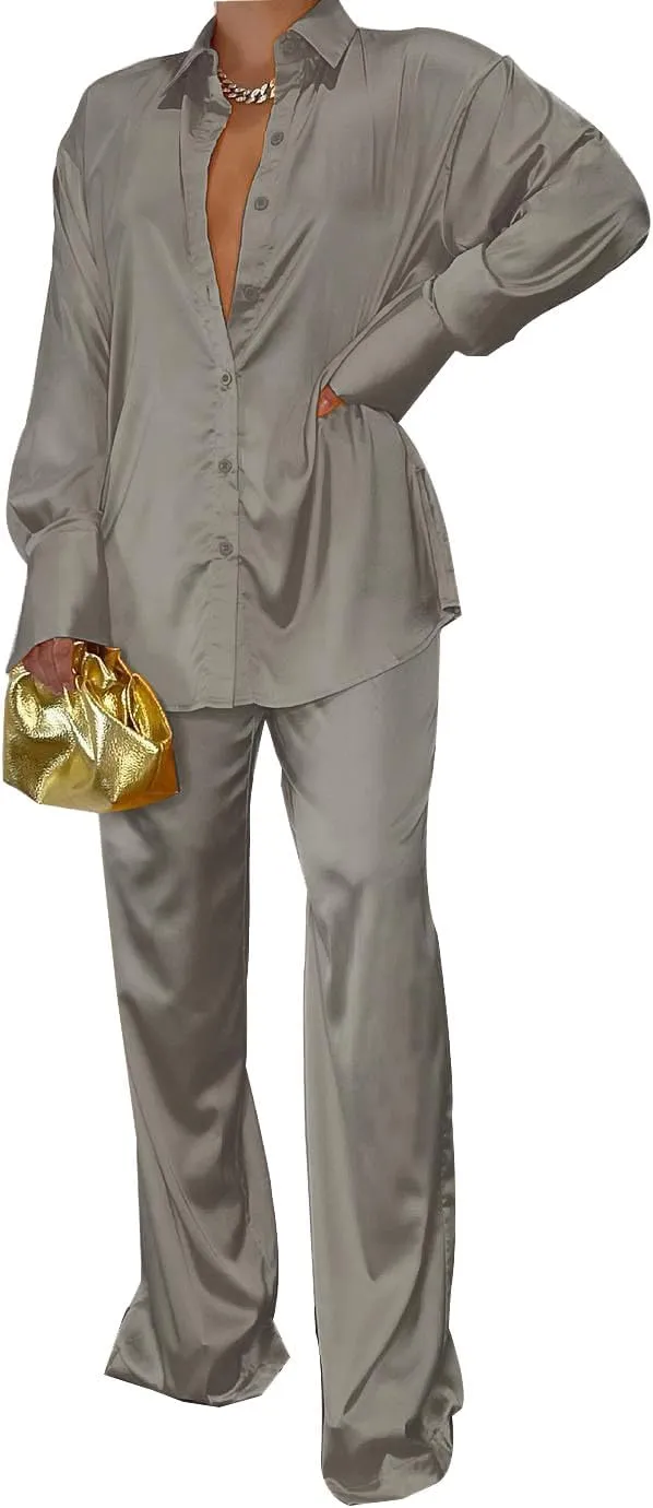 Satin Two Piece Outfits for Women Long Sleeve Lapel Button Down Tops Wide Leg Pants Pajama Set