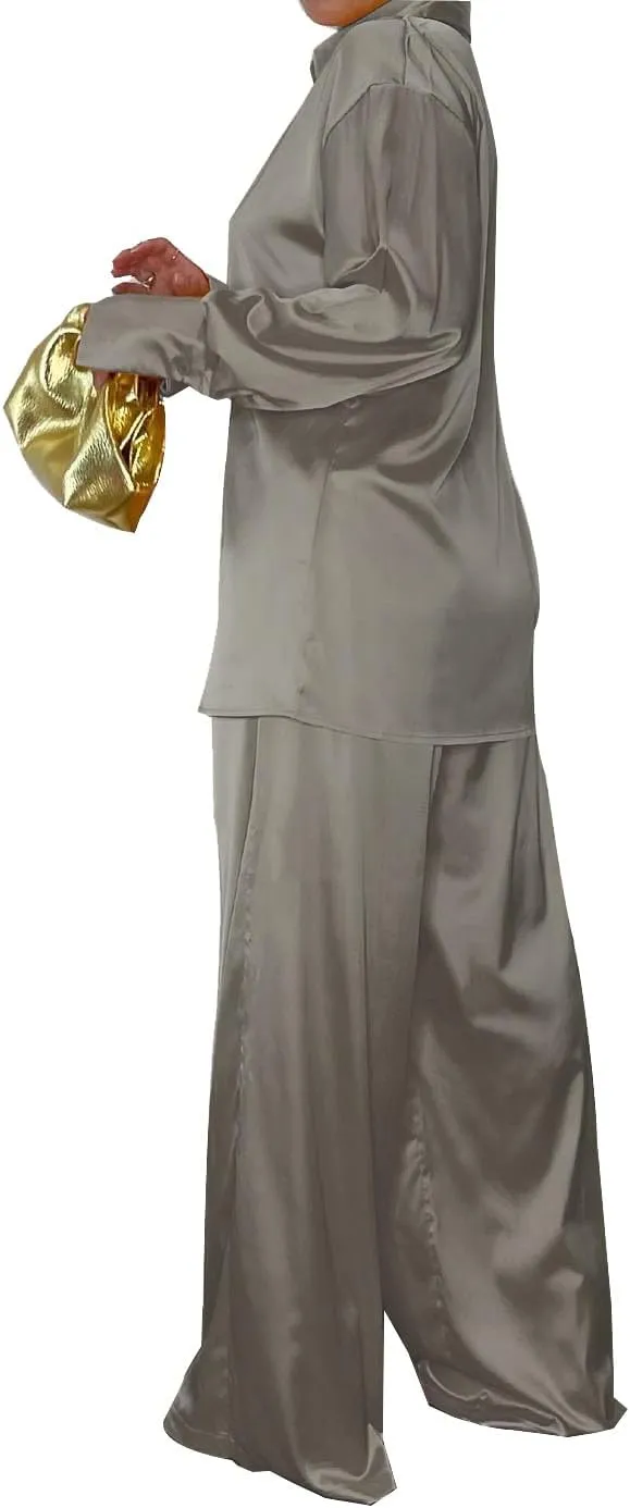 Satin Two Piece Outfits for Women Long Sleeve Lapel Button Down Tops Wide Leg Pants Pajama Set