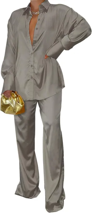 Satin Two Piece Outfits for Women Long Sleeve Lapel Button Down Tops Wide Leg Pants Pajama Set