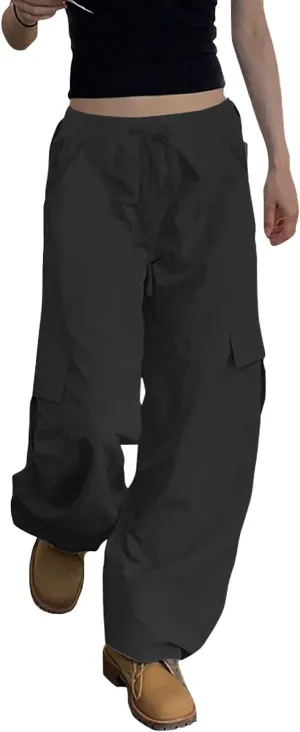 SESERAGI Parachute Pants Cargo Pants Women Baggy Streetwear Y2K Drawstring Trousers Wide Leg Pants