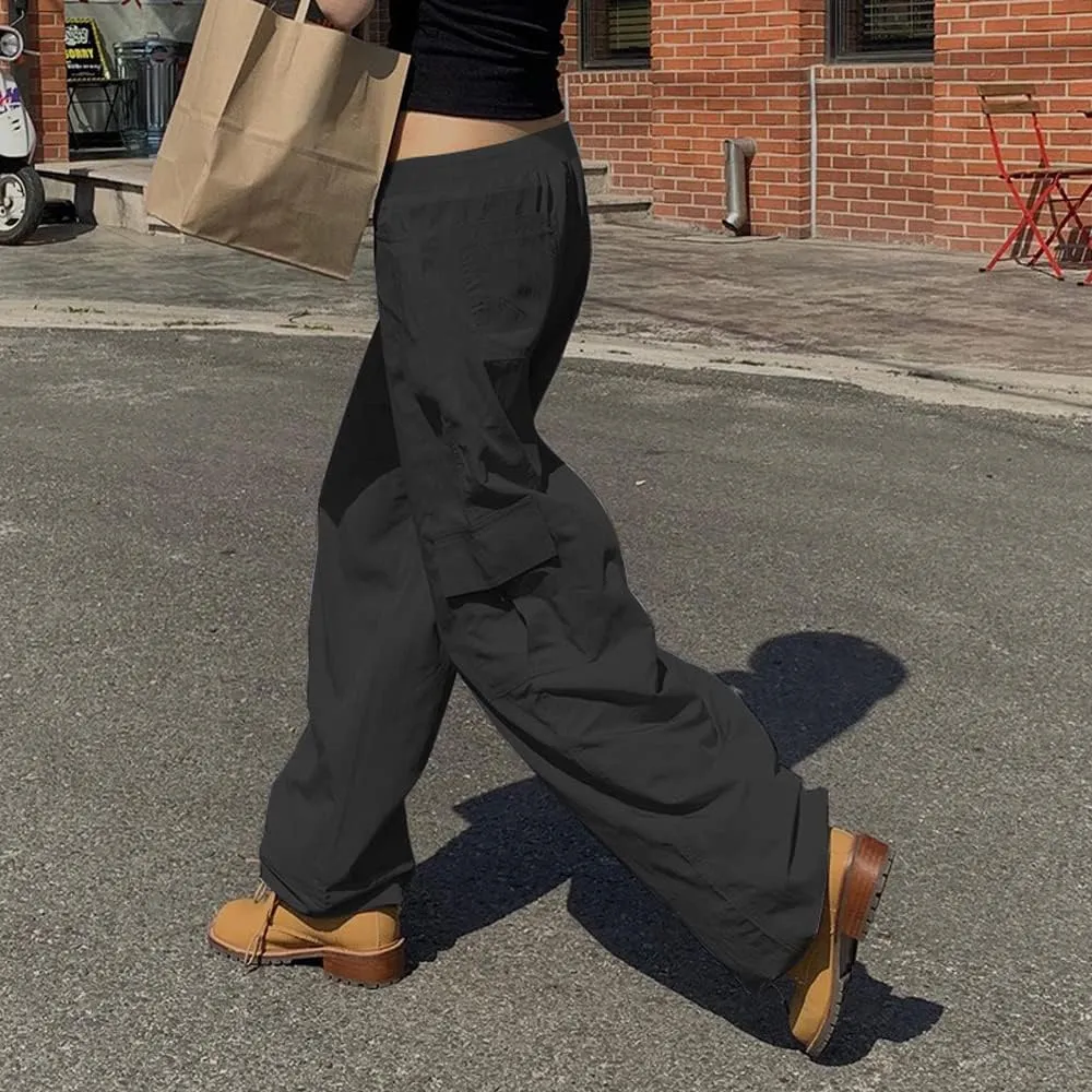 SESERAGI Parachute Pants Cargo Pants Women Baggy Streetwear Y2K Drawstring Trousers Wide Leg Pants