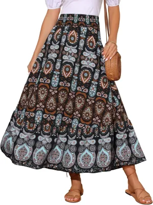 Seta T Women's Floral Skirts High Waist A Line Boho Maxi Skirt Ruffle Long Summer Skirt