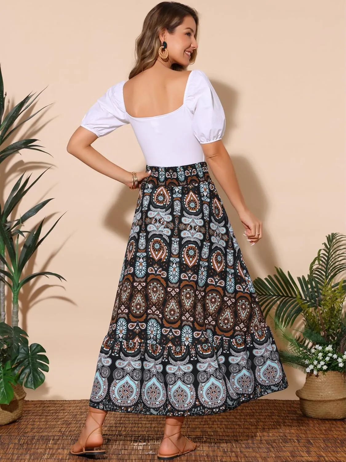 Seta T Women's Floral Skirts High Waist A Line Boho Maxi Skirt Ruffle Long Summer Skirt