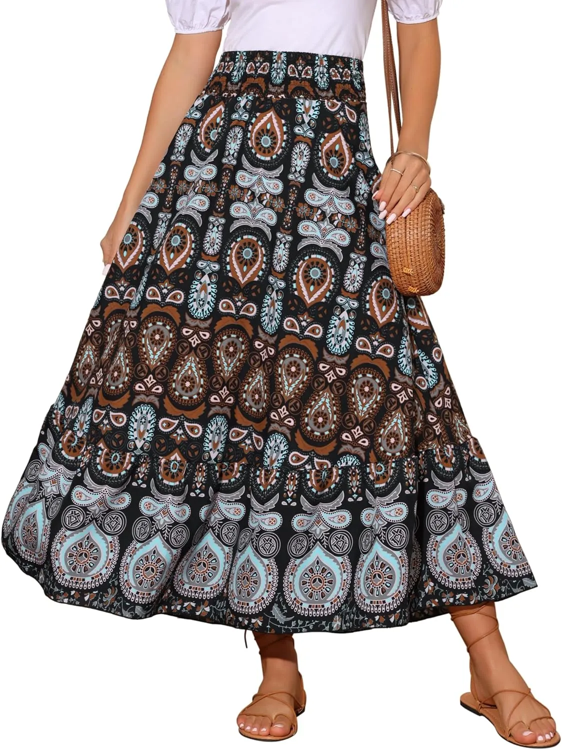 Seta T Women's Floral Skirts High Waist A Line Boho Maxi Skirt Ruffle Long Summer Skirt