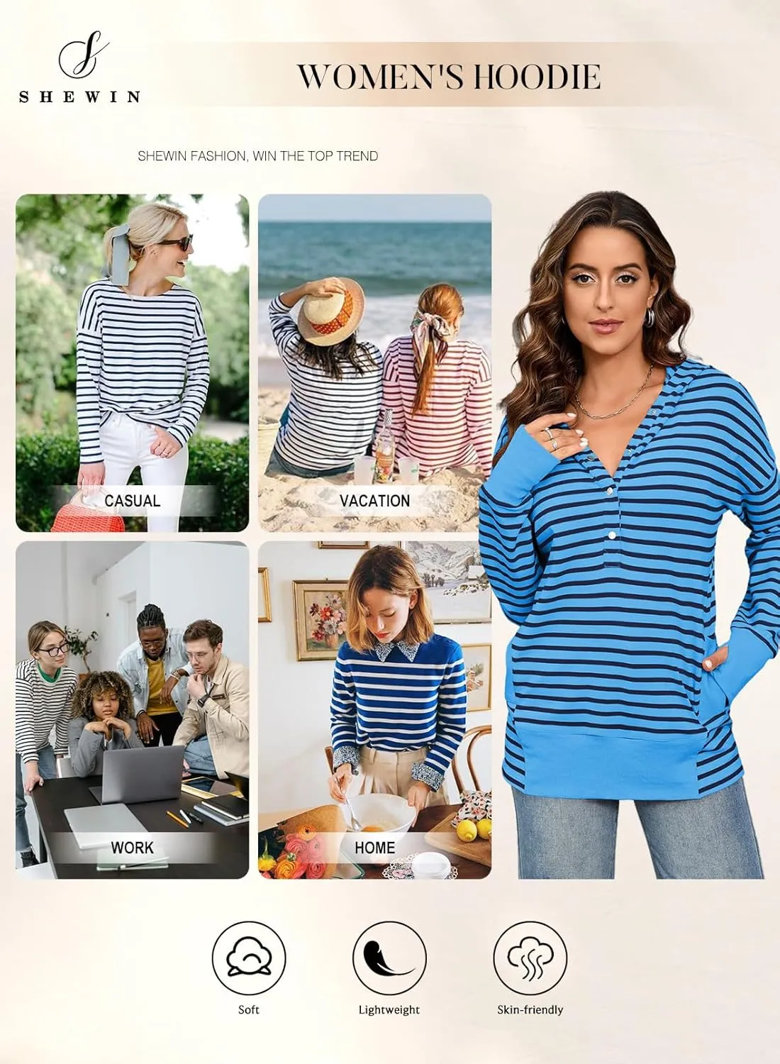 SHEWIN Hoodies for Women Casual V Neck Long Sleeve Striped Hooded Sweatshirt with Pocket Button Pullover Tops