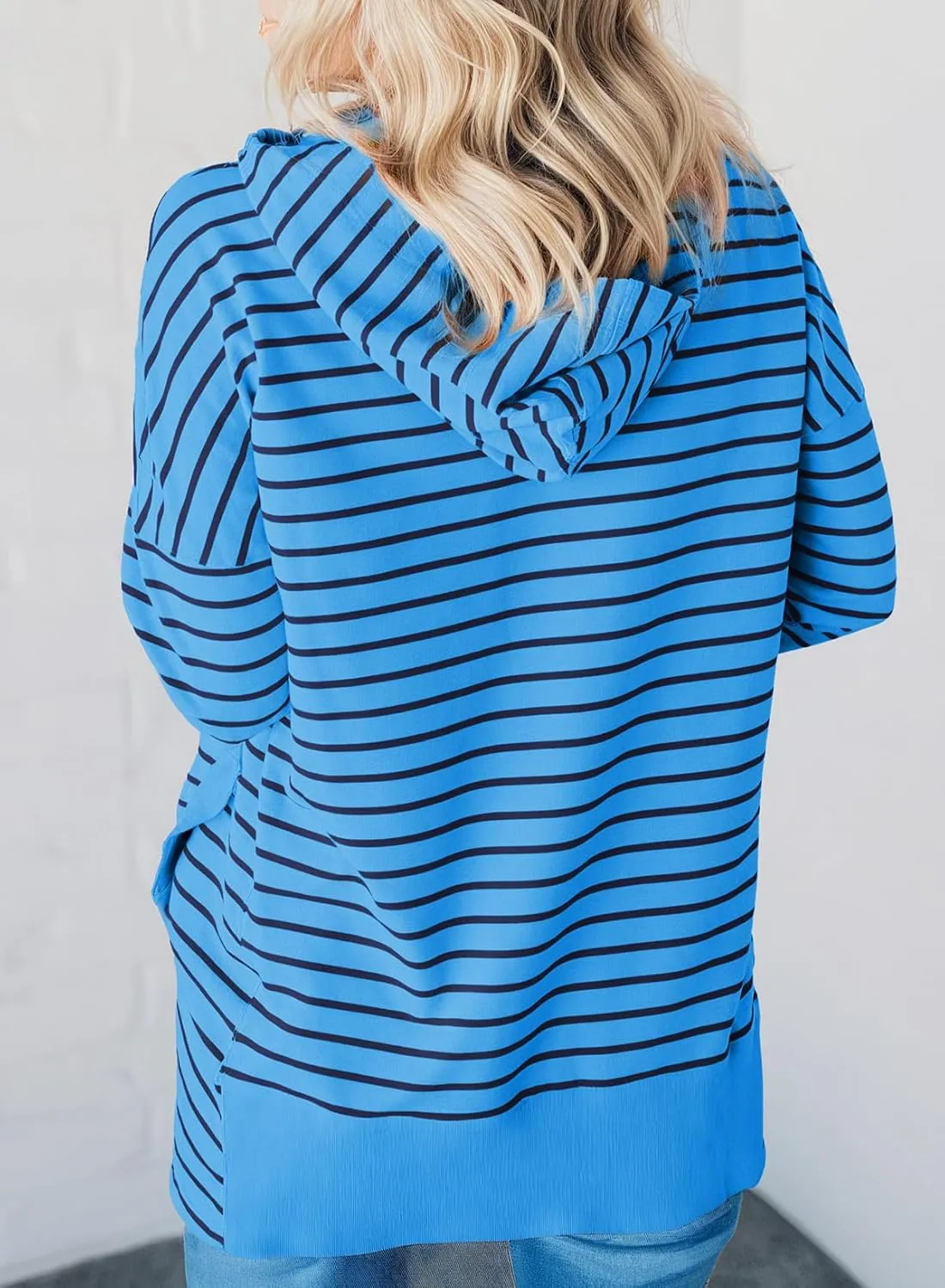 SHEWIN Hoodies for Women Casual V Neck Long Sleeve Striped Hooded Sweatshirt with Pocket Button Pullover Tops