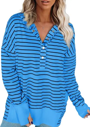 SHEWIN Hoodies for Women Casual V Neck Long Sleeve Striped Hooded Sweatshirt with Pocket Button Pullover Tops