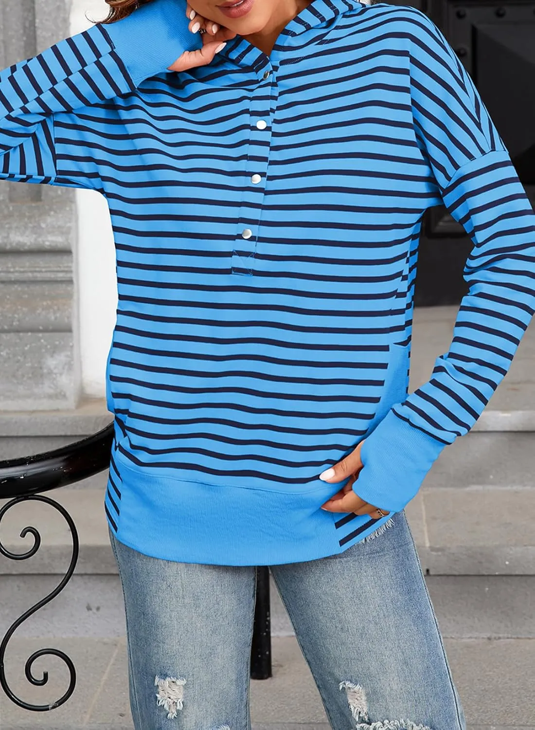 SHEWIN Hoodies for Women Casual V Neck Long Sleeve Striped Hooded Sweatshirt with Pocket Button Pullover Tops