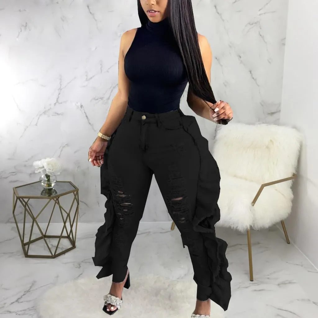 Skinny Jeans for Women High Waisted Ripped Hole Side Ruffle Raw Hem Distressed Classic Denim Jean Pants