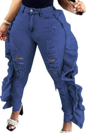 Skinny Jeans for Women High Waisted Ripped Hole Side Ruffle Raw Hem Distressed Classic Denim Jean Pants