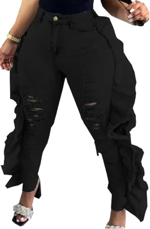 Skinny Jeans for Women High Waisted Ripped Hole Side Ruffle Raw Hem Distressed Classic Denim Jean Pants