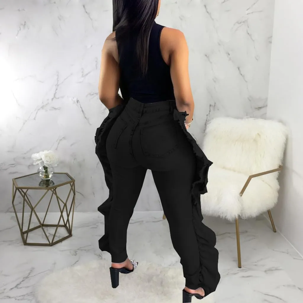 Skinny Jeans for Women High Waisted Ripped Hole Side Ruffle Raw Hem Distressed Classic Denim Jean Pants