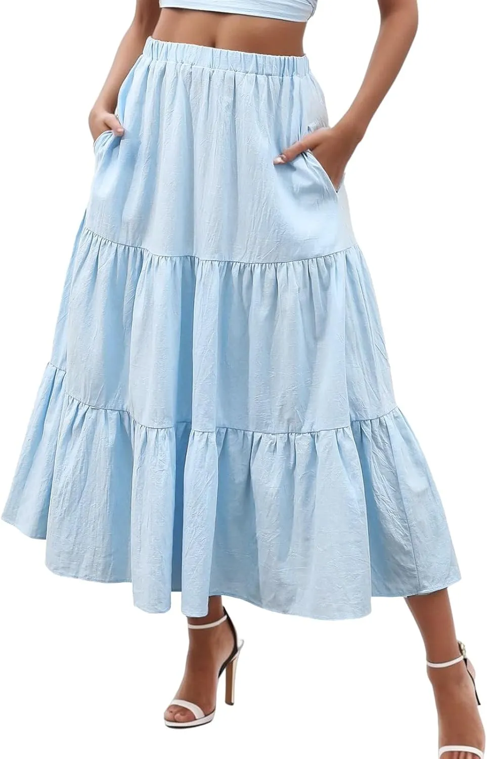 Skirt Long Swing Womens Dress Boho Pleated Elastic Waist with Pockets Flowy Summer A Line Belly Fringe Skirt