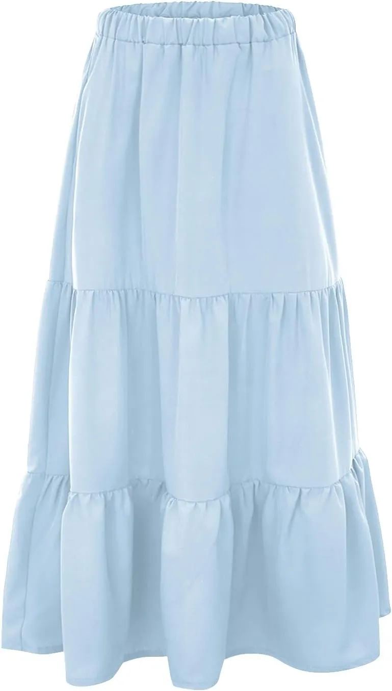 Skirt Long Swing Womens Dress Boho Pleated Elastic Waist with Pockets Flowy Summer A Line Belly Fringe Skirt